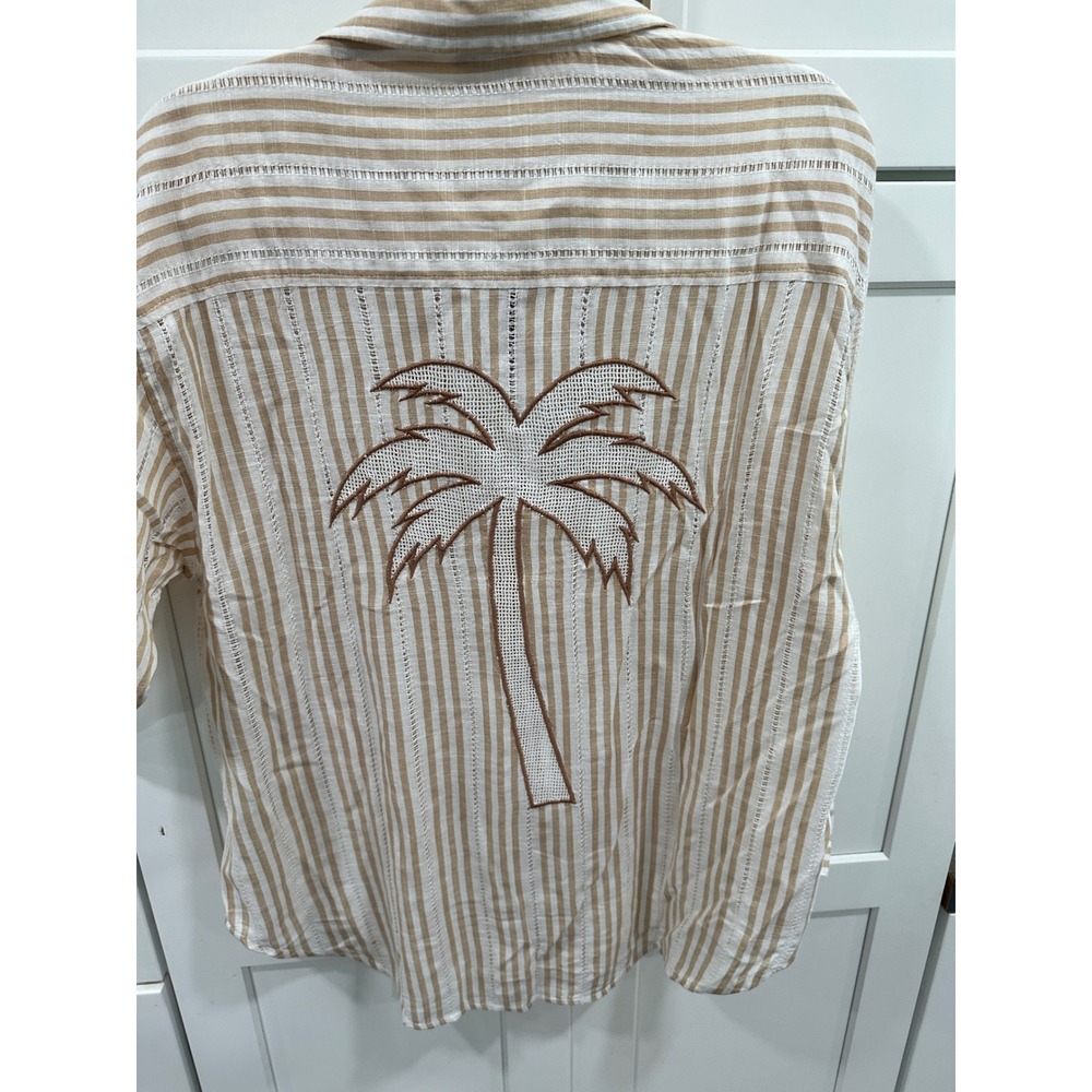 Surf Gypsy Tan White Striped Palm Tree Embroidered Button Down Shirt Small